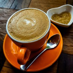 High angle view of coffee on table