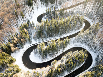 Winding road through the forest, from high mountain pass, in winter time