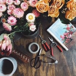 High angle view of rose bouquet on table