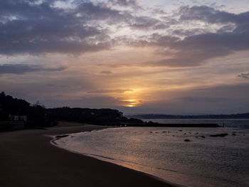 Scenic view of beach against sky during sunset