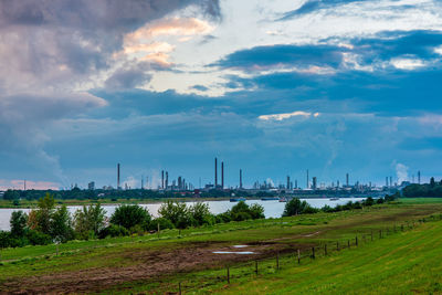 Panoramic view of a chemical factory on the rhine, germany.