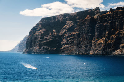 Scenic view of sea by mountain against sky