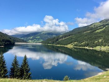 Scenic view of lake and mountains against sky