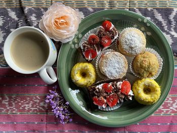 Directly above shot of breakfast served on table