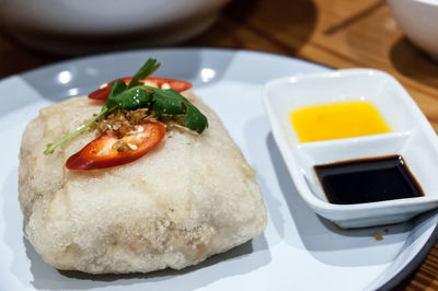 Close-up of breakfast served on table