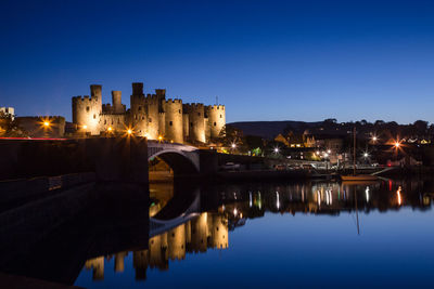 Reflection of buildings in water at night