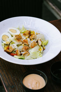 High angle view of food in plate on table