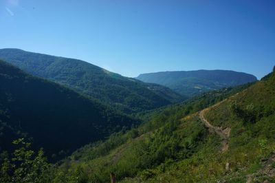 Scenic view of mountains against clear blue sky