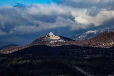 Scenic view of snowcapped mountains against sky