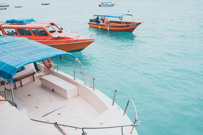 High angle view of ship moored on sea