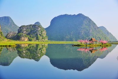 Scenic view of lake and mountains against clear sky