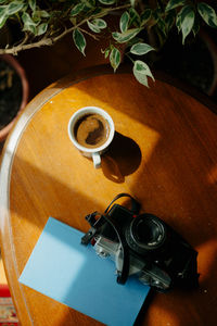 High angle view of tea cup on table