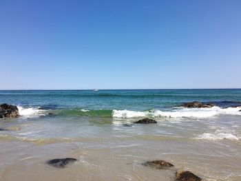 Scenic view of sea against clear blue sky