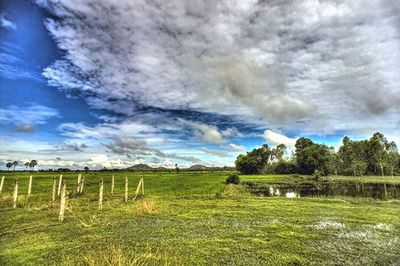 Scenic view of grassy field against cloudy sky