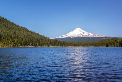 Scenic view of lake by mountain against clear blue sky