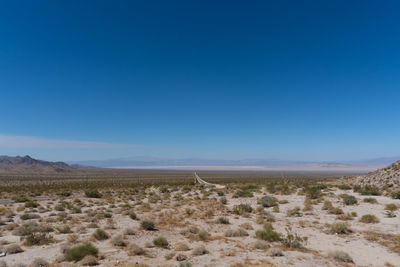 Scenic view of desert against clear blue sky