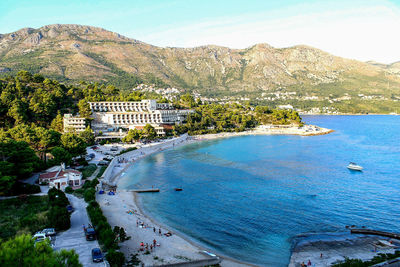 High angle view of bay and buildings