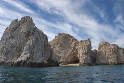 Rock formations in sea against sky