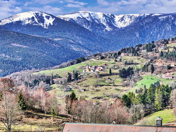 Scenic view of field and mountains against sky