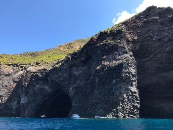 Rock formations by sea against sky