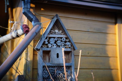Low angle view of birdhouse on wall of building