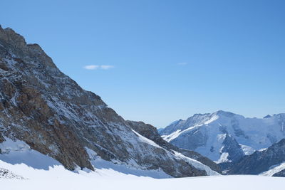 Scenic view of snowcapped mountains against clear blue sky