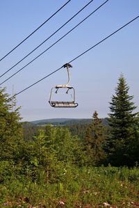 Overhead cable car in forest against clear sky
