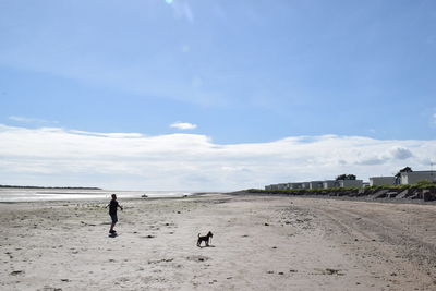 Man with dog walking on beach