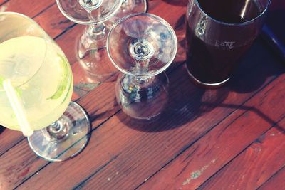 High angle view of wine glasses on table