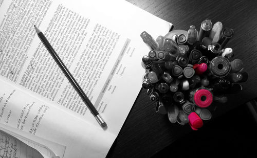 High angle view of book on table