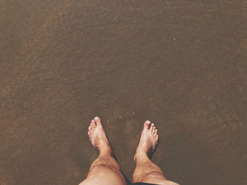 Low section of person standing on sand at beach