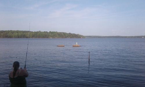 Rear view of person in sea against sky