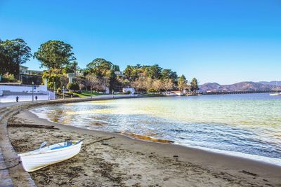 Scenic view of beach against clear blue sky