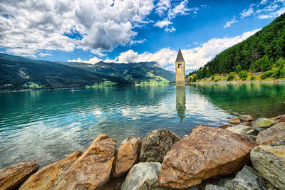 Bell tower of the reschensee resia south tyrol italy