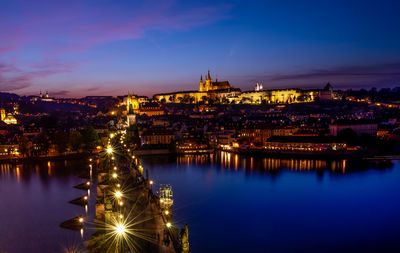 Illuminated city by river against sky at night