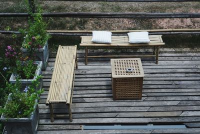 High angle view of bench in park