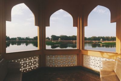 Lake against sky seen from gazebo