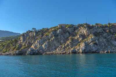 Scenic view of sea against clear blue sky