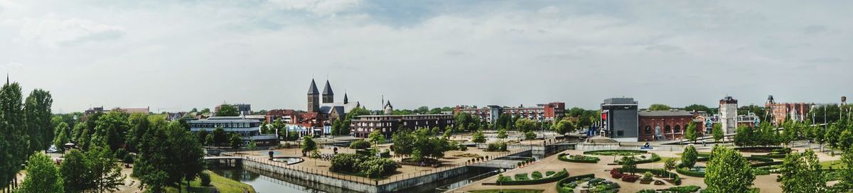 High angle view of buildings against sky
