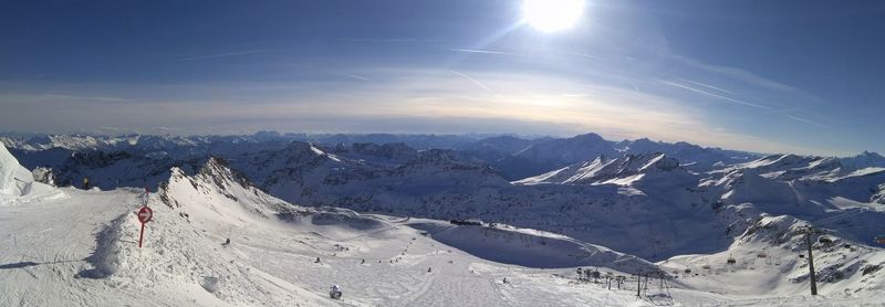 Scenic view of snow covered mountains against sky