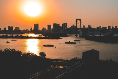 Scenic view of river by silhouette buildings against sky during sunset