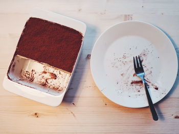 High angle view of cake in plate on table