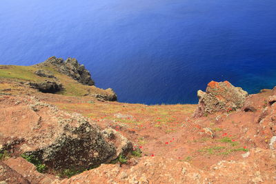 High angle view of rocks by sea against blue sky