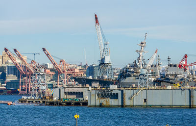 A variety of ships and machinery create congestion at the port of seattle in washingotn state.