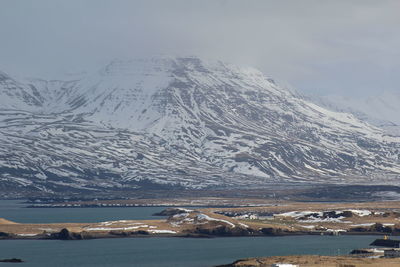 Scenic view of snow covered mountain against sky