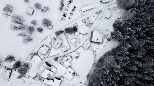 High angle view of snow covered trees on field