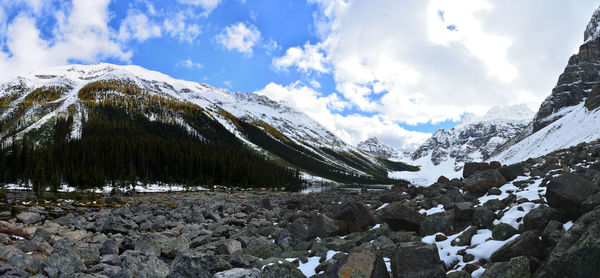Scenic view of snowcapped mountains against sky