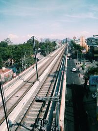 High angle view of railroad tracks in city against sky