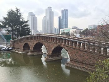 Arch bridge over river amidst buildings in city against sky