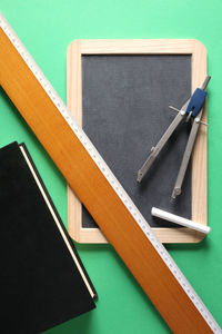 High angle view of books on table